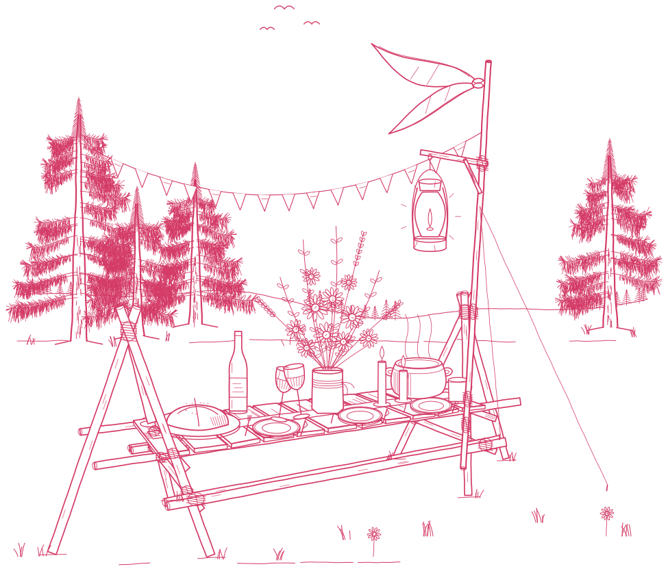 Dessin d’une table scoute dressée en pleine nature, entre les sapins, sous une guirlande de fanions